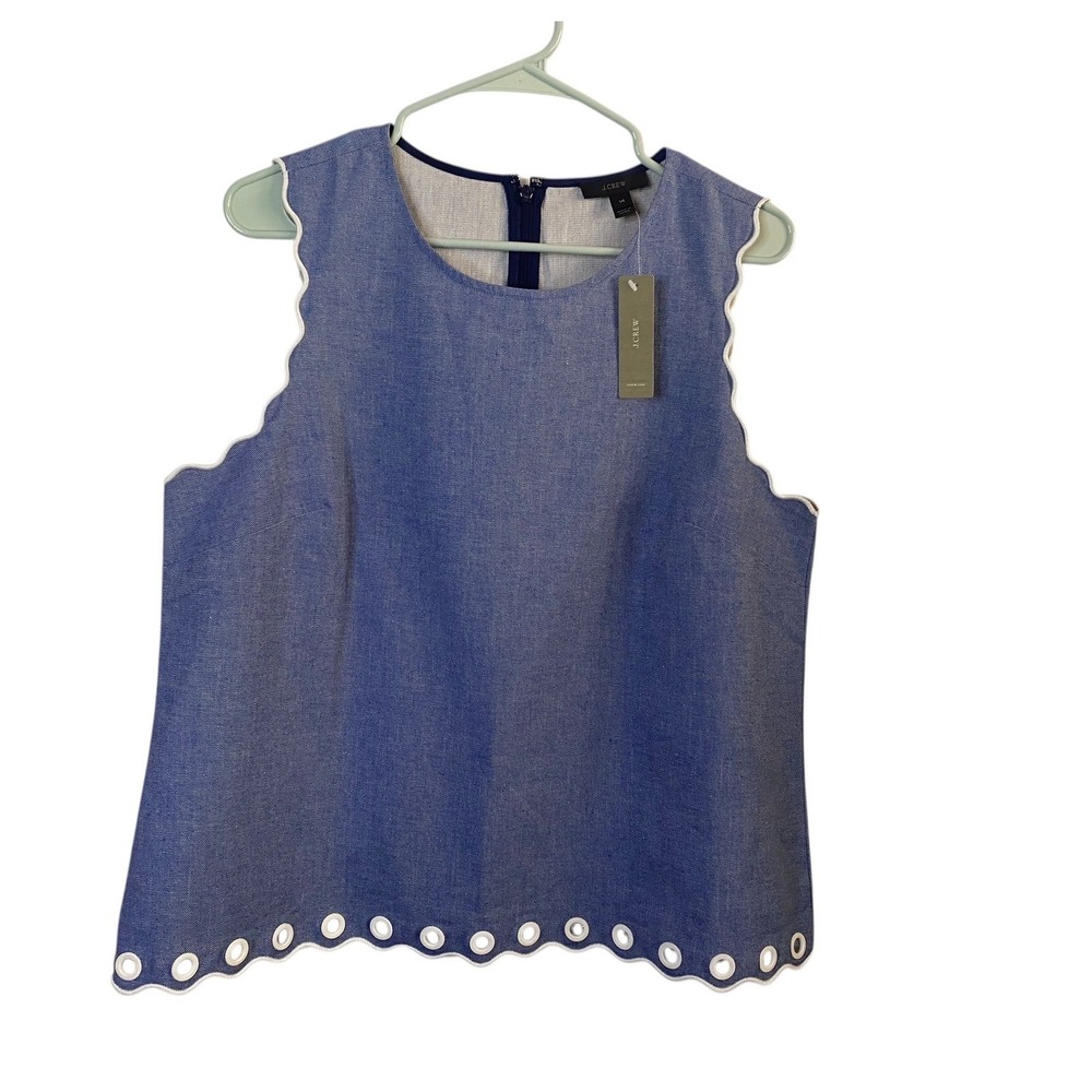 J. Crew Sleeveless Denim Eyelet Scallop Hem Top Shirt Womens Size 14 Blue NWT